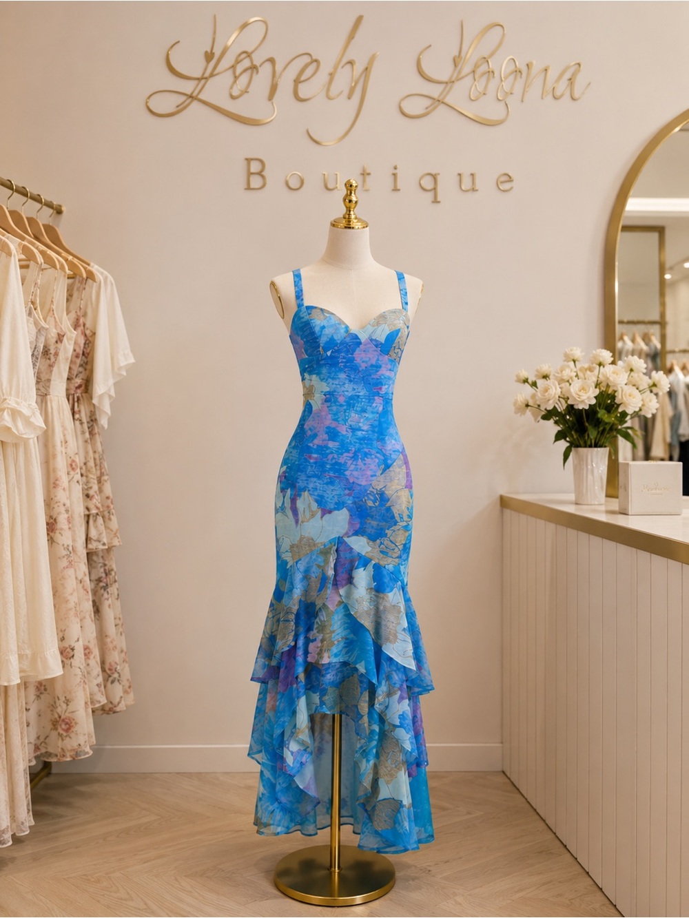 Blue Floral Tiered High-Low Dress